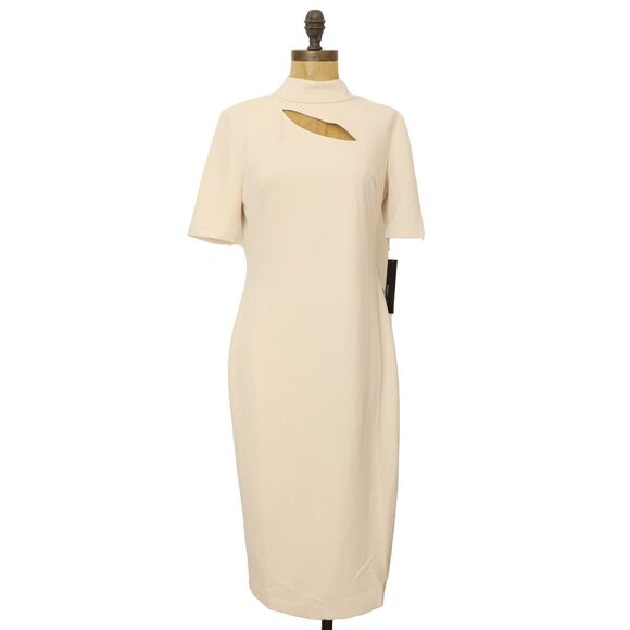 Maggy London Horn Cream Cutout Midi Dress Size 6 Sheath Short Sleeve NWT B59 - Picture 1 of 5